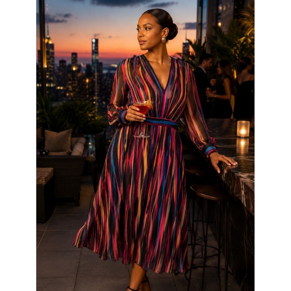 Anne Klein Multicolor Sheer Stripe Midi Dress Womens 16 Cocktail Party - Picture 8 of 8